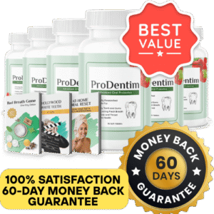 100% satisfaction 60-day money-back guarantee seal with ProDentim bottles