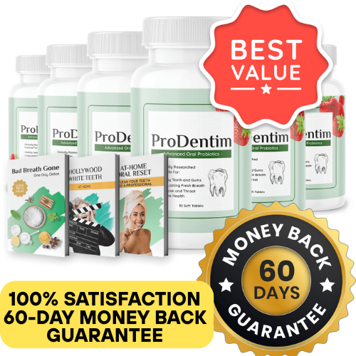 100% satisfaction 60-day money-back guarantee seal with ProDentim bottles