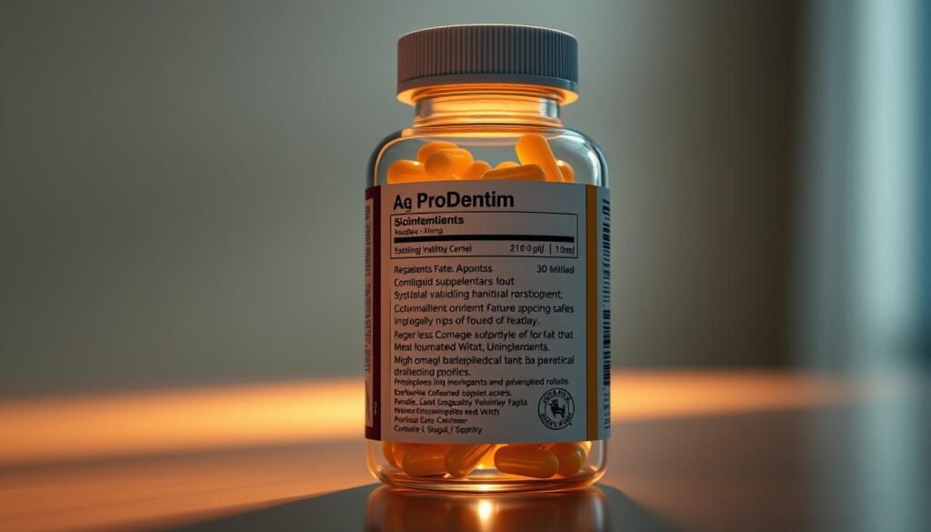 A close-up, hyper-realistic image of the ProDentim supplement bottle, showcasing its safety profile. The bottle is backlit, casting a soft, warm glow that highlights the transparent capsules within. The label features detailed information about the ingredients and their scientifically-validated benefits for oral health. The background is blurred, drawing the viewer's attention to the bottle and its safety-focused labeling. The lighting is directional, creating subtle shadows that add depth and dimension to the scene. The overall mood is one of confidence and reassurance, conveying the product's commitment to safety and transparency.