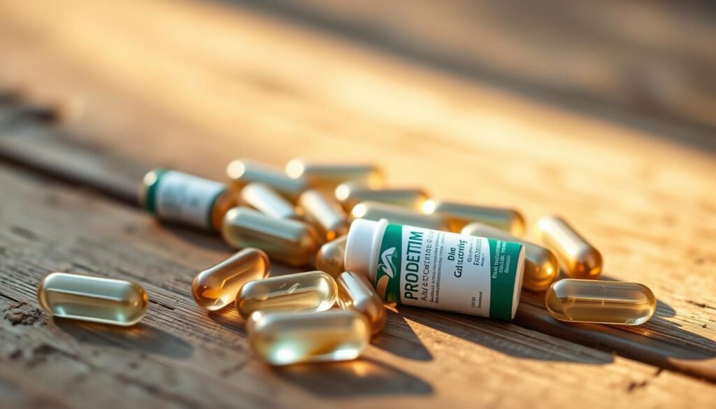 A close-up view of several ProDentim oral health supplement capsules resting on a wooden surface, bathed in warm, soft lighting. The capsules are arranged in a visually appealing manner, showcasing their natural ingredients like probiotics, herbs, and minerals. The image has a serene, natural atmosphere, reflecting the holistic approach of the ProDentim formula to support dental and oral health. The focus is on the supplement itself, without any distracting elements, allowing the viewer to concentrate on the key product benefits.