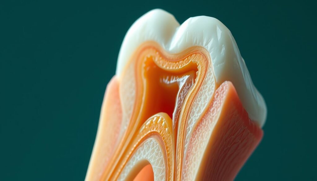 A cross-section of a human tooth, revealing the intricate structure of the tooth enamel. The enamel appears strong and resilient, with a smooth, glossy surface. The image is captured in high detail, showcasing the microscopic prisms and rods that make up the enamel layer. The lighting is soft and diffused, creating a subtle, natural look that highlights the translucent quality of the enamel. The background is slightly blurred, placing the focus on the detailed enamel structure in the foreground. The overall mood is one of scientific curiosity and appreciation for the remarkable engineering of the human tooth.