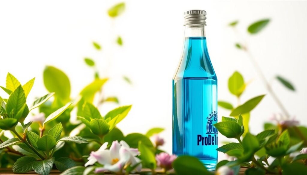A serene, close-up shot of fresh, vibrant green leaves and flowers, representing a healthy, thriving oral environment. In the foreground, a gleaming, translucent glass bottle filled with a brilliant blue liquid, symbolizing the powerful, breath-freshening properties of ProDentim. The bottle is illuminated by warm, natural lighting, casting a soft, inviting glow. The background features a minimalist, white backdrop, allowing the central elements to take center stage and convey a sense of purity and clarity. The overall composition and color palette evoke a sense of cleanliness, vitality, and the elimination of bad breath at its very source.