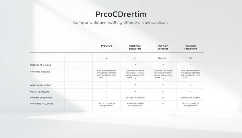 A sleek, minimalist comparison chart showcasing the key features and benefits of ProDentim against other leading oral care solutions. The chart is set against a clean, white background, with a soft, diffused lighting creating a professional, clinical atmosphere. The chart elements are rendered in a clear, legible typeface, allowing easy at-a-glance comparison. The layout is balanced and visually appealing, drawing the viewer's attention to the unique selling points of ProDentim. The overall impression is one of authority, expertise, and scientific credibility, perfectly suited to illustrate the article's section on comparing ProDentim to other options.