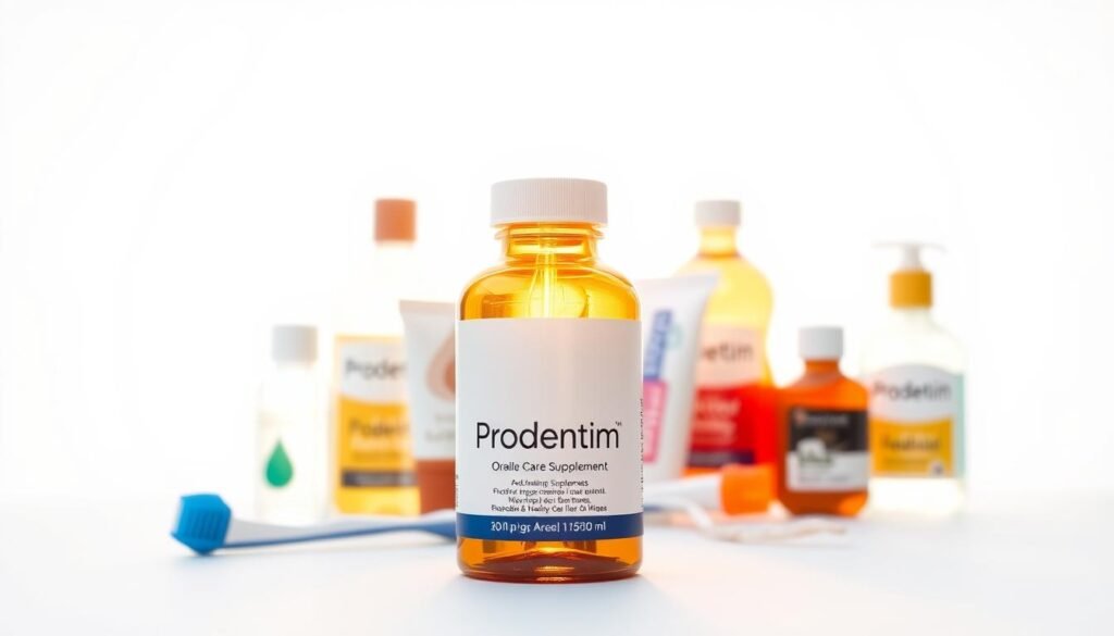 A sleek, modern bottle of ProDentim oral care supplement sits prominently in the foreground, bathed in warm, natural lighting that highlights its elegant, minimalist design. In the middle ground, various traditional dental products such as toothpaste, mouthwash, and floss are arranged, conveying a sense of comparison. The background is a clean, crisp white, drawing the viewer's focus to the key elements and emphasizing the difference between the innovative ProDentim and the more conventional dental care items. The overall mood is one of sophistication, innovation, and a subtle suggestion of the superiority of the ProDentim supplement.