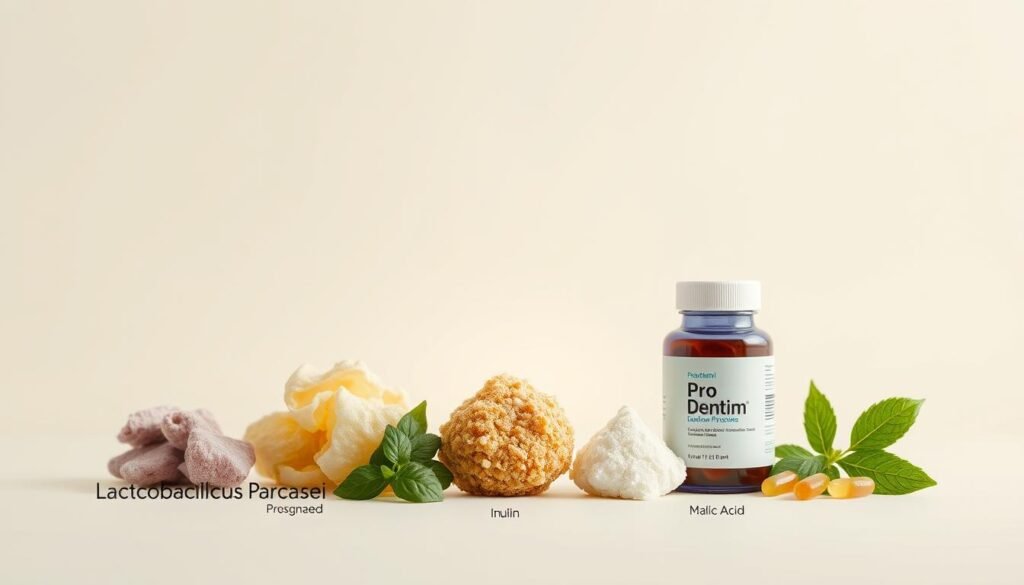 A visually striking composition showcasing the key ingredients of ProDentim oral probiotic against a clean, minimalist background. In the foreground, a selection of the active compounds - Lactobacillus Paracasei, Bifidobacterium Lactis, Inulin, and Malic Acid - are artfully arranged, with their names and benefits subtly incorporated. The middle ground features a soft, diffused light source, illuminating the ingredients and creating a sense of depth. The background is a simple, off-white surface, allowing the natural colors and textures of the ingredients to take center stage. The overall mood is one of purity, efficacy, and scientific precision, reflecting the high-quality and clinically-validated nature of the ProDentim formula.