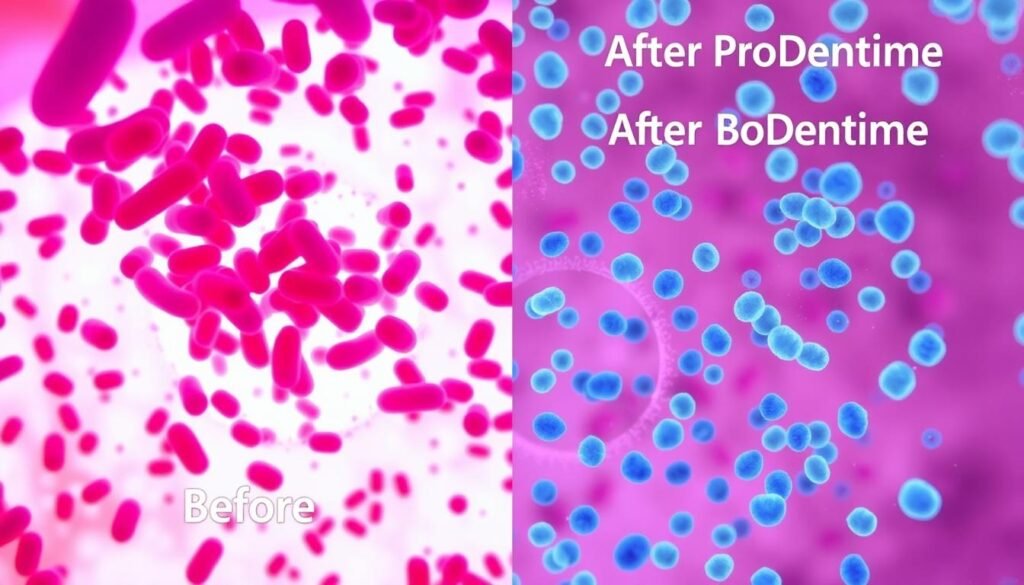 Before and after microscopic view of oral bacteria with ProDentim probiotic review