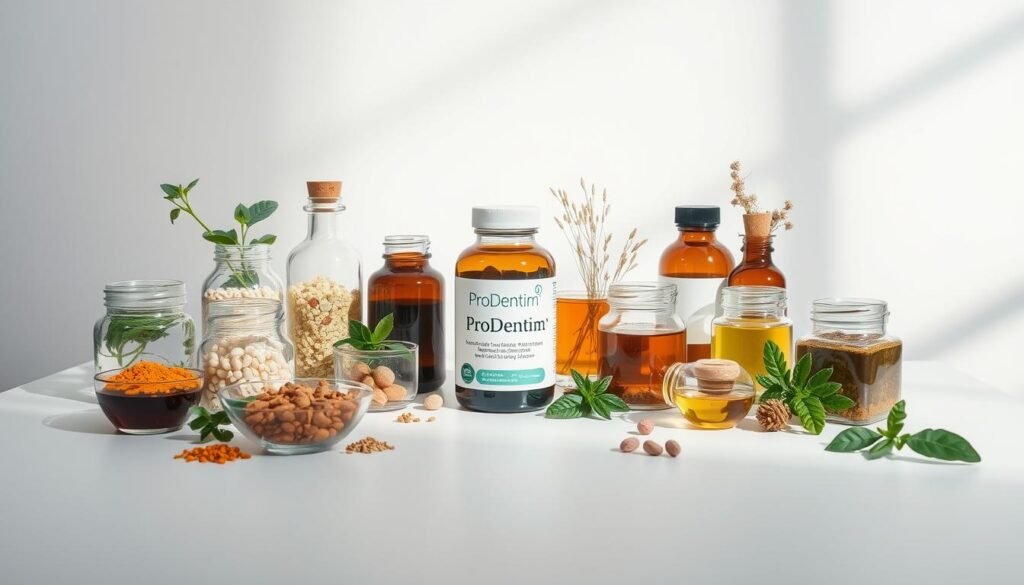 Detailed still life image of the key ingredients of ProDentim, a natural teeth health supplement. Centered on a clean white table, the foreground displays an assortment of high-quality botanical extracts, probiotics, and other natural compounds in elegant glass jars and vials, bathed in soft, directional lighting from the left. The middle ground showcases a ProDentim supplement bottle, conveying the product's premium quality and efficacy. The background is a simple, minimalist studio setup, allowing the ingredients to be the focal point. The overall mood is one of purity, professionalism, and scientific rigor, reflecting the carefully formulated, evidence-based nature of the ProDentim supplement.