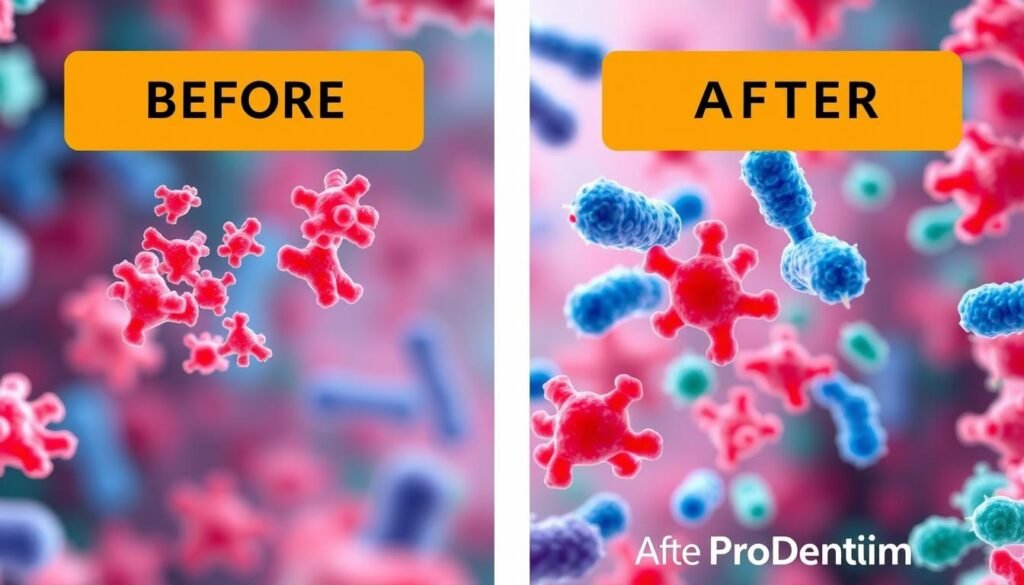 ProDentim probiotic review showing oral microbiome balance before and after