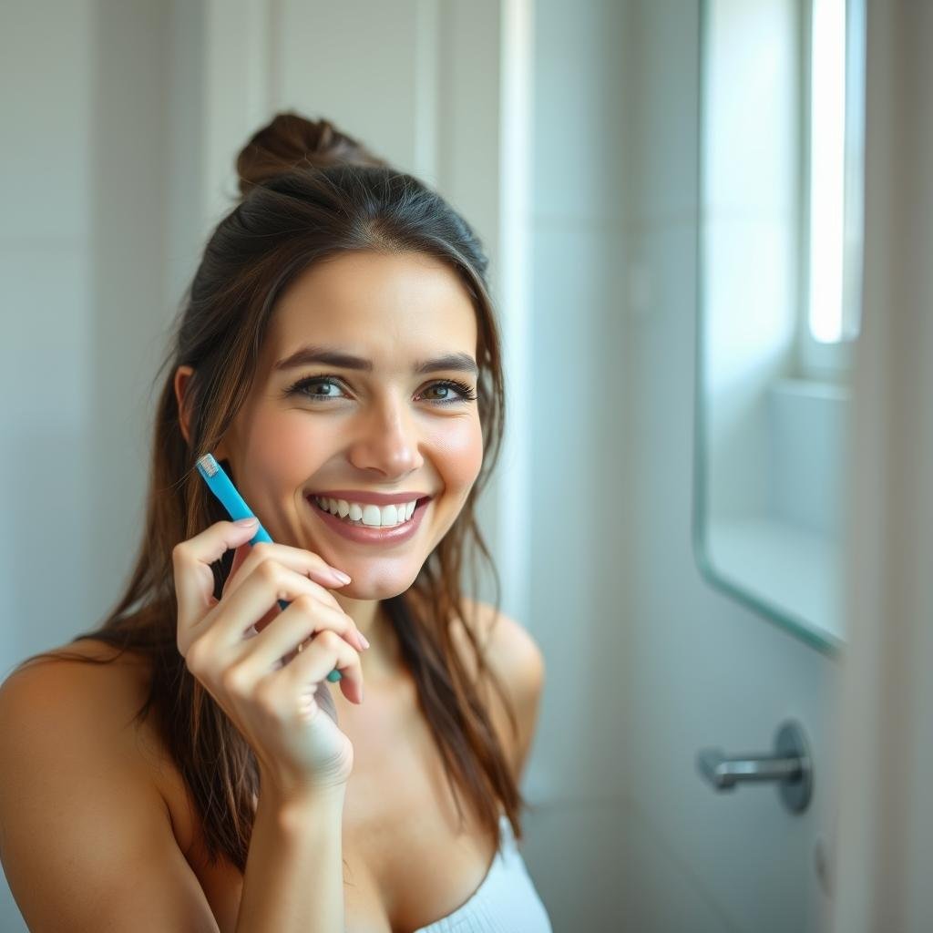 Woman brushing teeth comfortably without pain after using ProDentim Woman brushing teeth comfortably without pain after using ProDentim