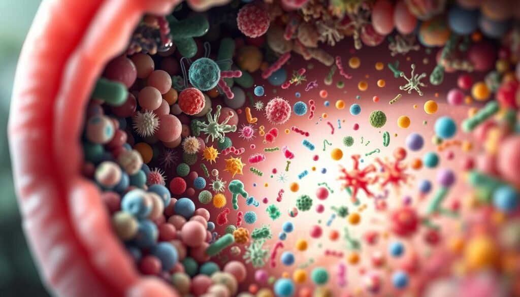 a detailed, realistic close-up illustration of the oral microbiome, showing a balanced and healthy ecosystem of diverse microbial colonies coexisting in harmony within the human mouth. The image should depict a cross-section view, with a sharp focus on the various bacterial strains, yeasts, and other microorganisms that make up a well-balanced oral flora. Render the microbes in vibrant colors and varied shapes and sizes to convey their complexity, with a soft, diffused lighting that creates a soothing, natural atmosphere. Capture the delicate balance and synergy between the different microbial species, emphasizing their interdependence and symbiotic relationships for optimal oral health.