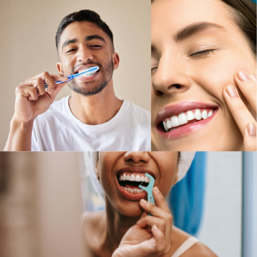 Young couple practicing daily oral care with brushing and flossing